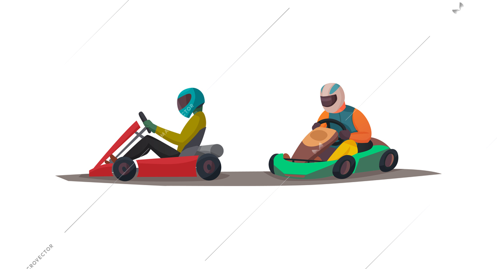 Karting racers wearing helmets driving on speed track flat vector illustration