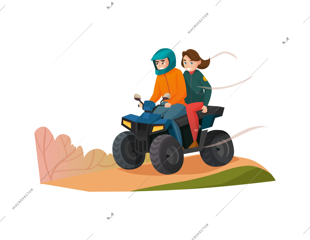 Couple riding quad bike flat vector illustration