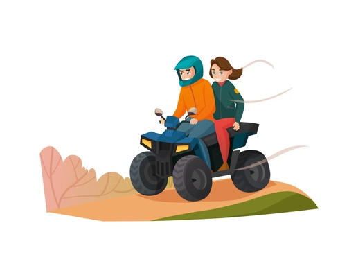 Couple riding quad bike flat vector illustration