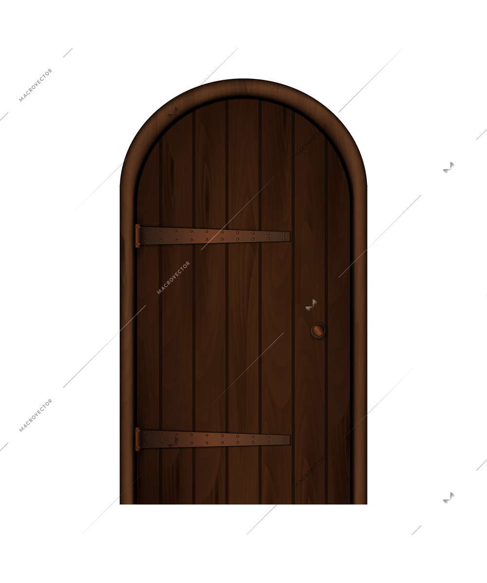 Realistic medieval wooden door on white background vector illustration