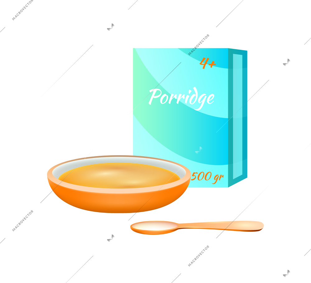 Baby food realistic icon with carton and bowl of porridge with spoon vector illustration