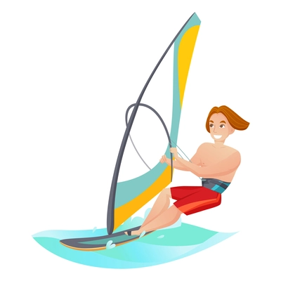 Happy man going windsurfing flat vector illustration