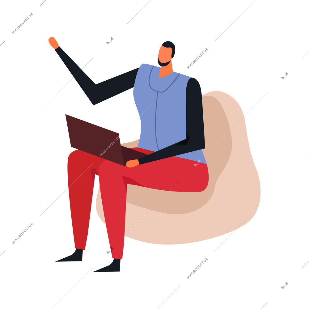 Male worker sitting with laptop in armchair in modern office flat vector illustration