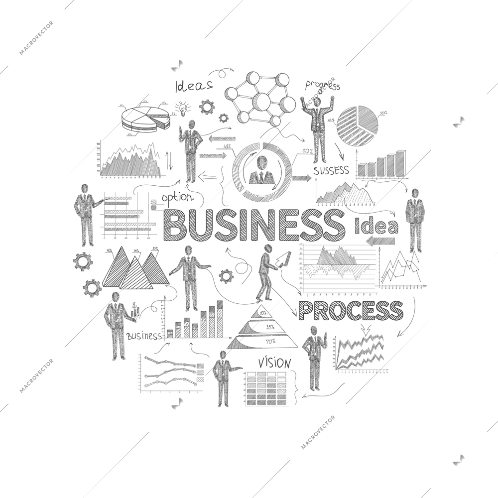 Business process concept with sketch personnel and finance report charts vector illustration