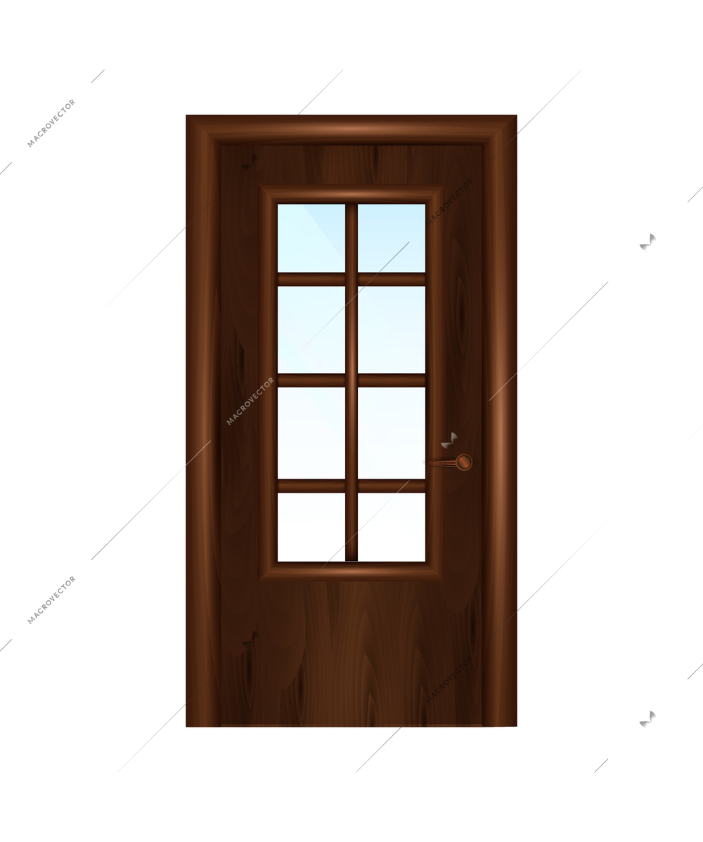 Realistic modern wooden entrance door with glass vector illustration