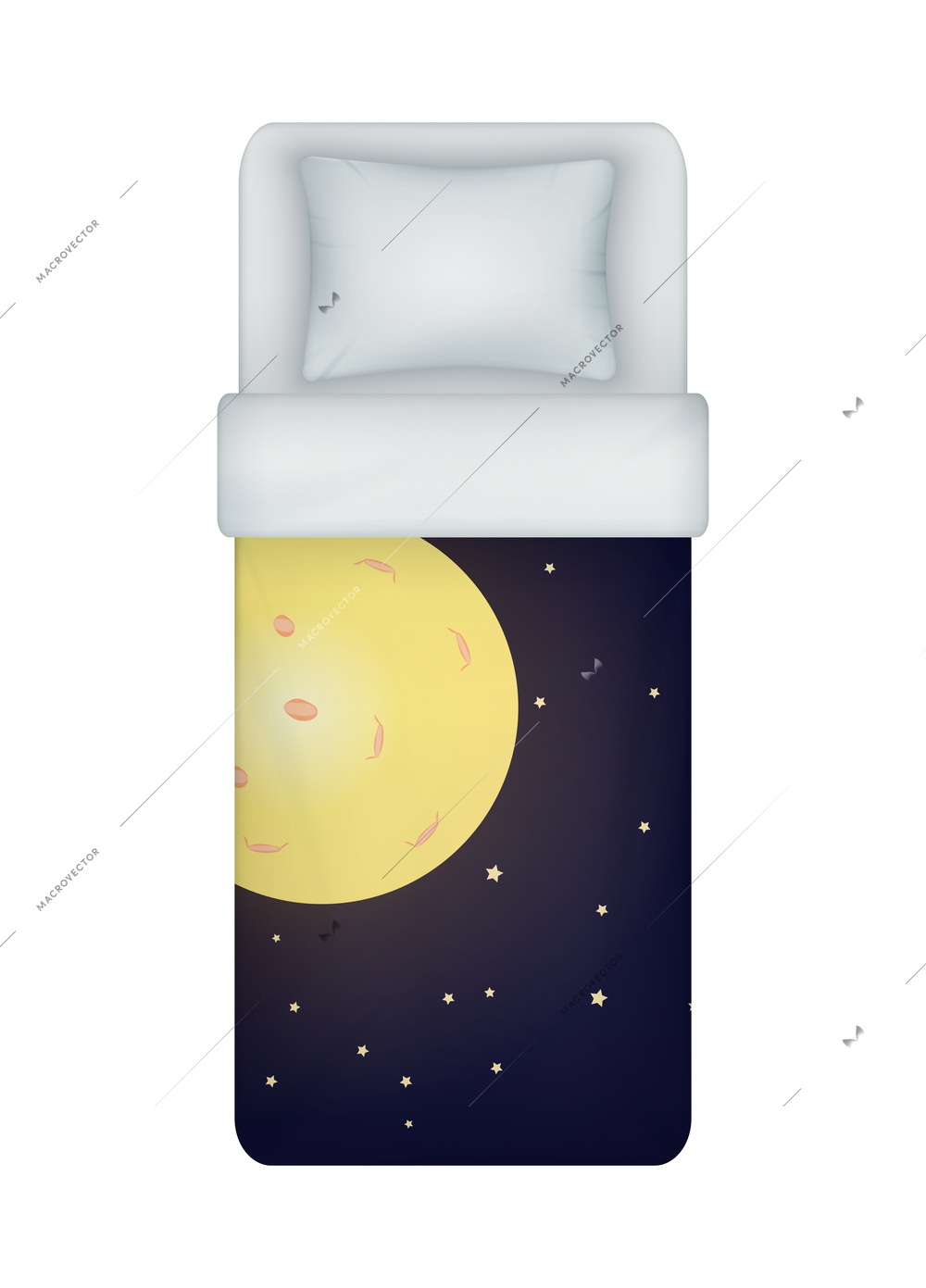 Realistic boy single bed bedding set with moon and stars on blanket cover top view vector illustration