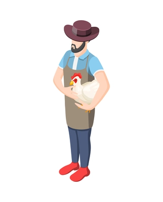 Isometric male farmer holding white hen vector illustration