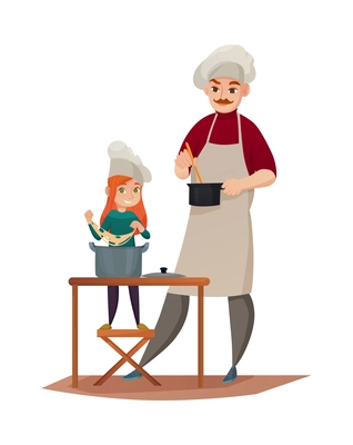 Fatherhood flat concept with dad cooking with together with his daughter vector illustration