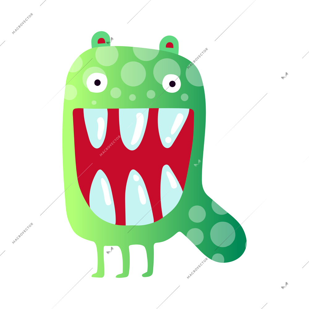 Funny green monster with huge teeth flat vector illustration