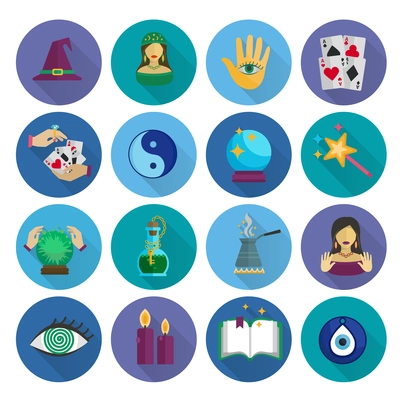 Fortune teller and future prediction icons long shadow flat set isolated vector illustration