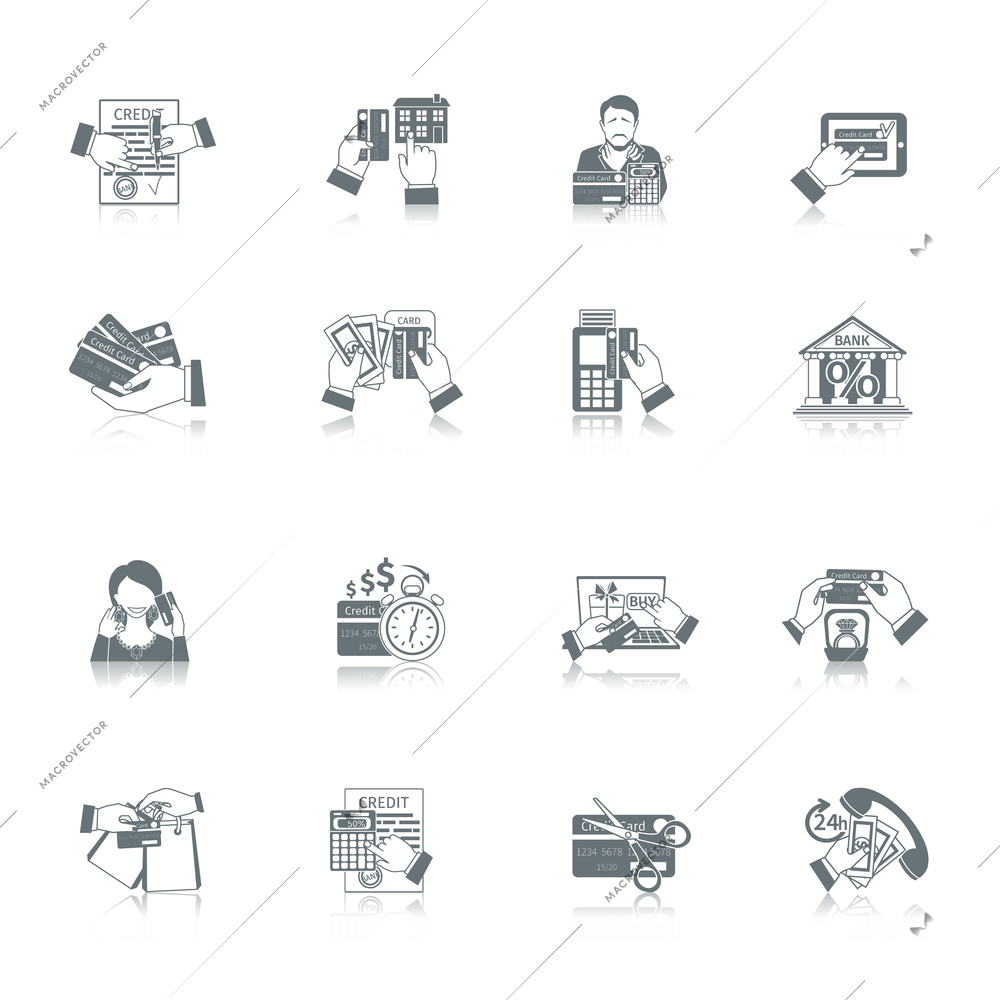 Credit life black icon set with money payment and finance symbols isolated vector illustration