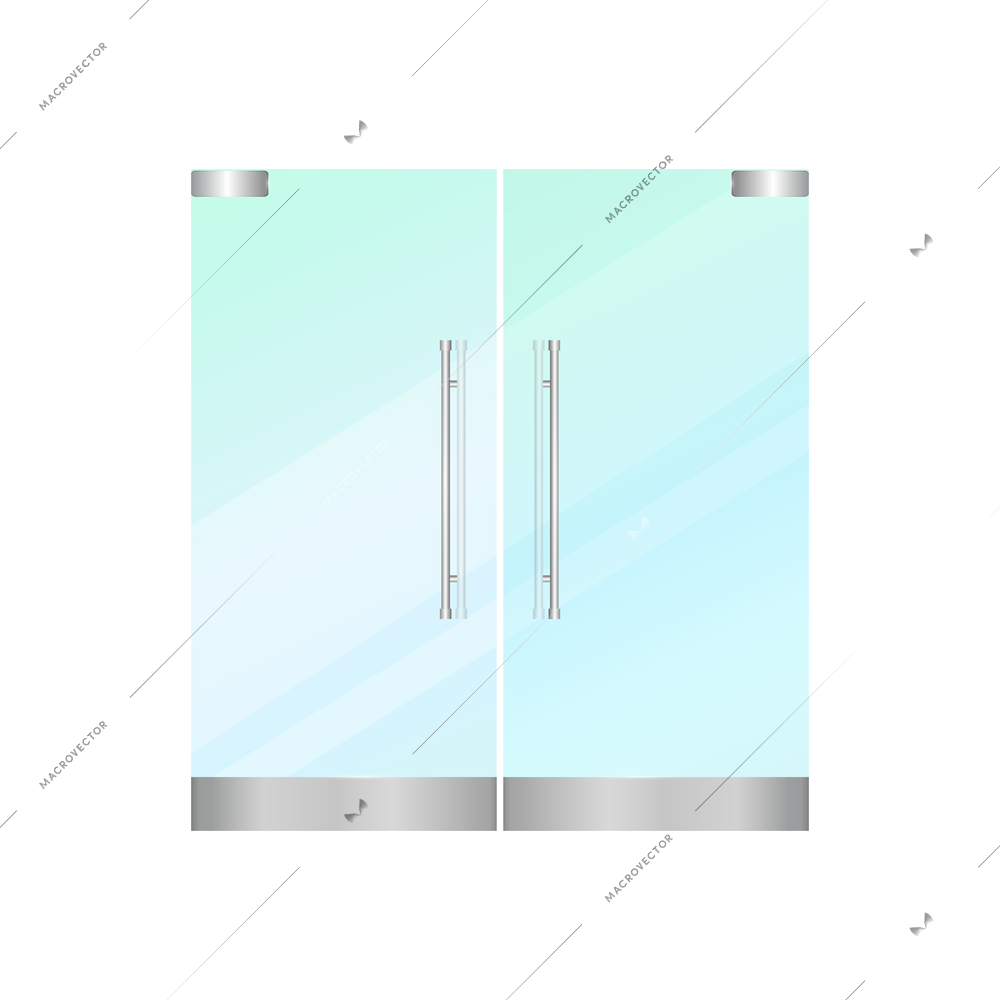 Realistic modern glass doors with metal handles vector illustration