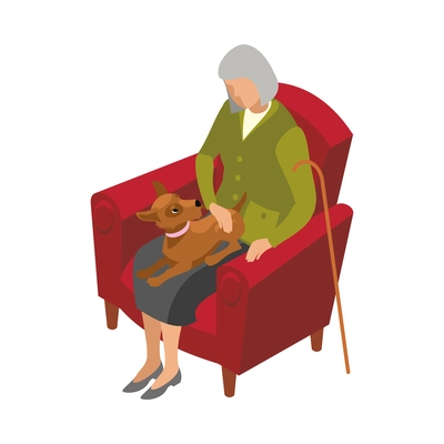 Elderly woman sitting with little dog in armchair isometric icon vector illustration