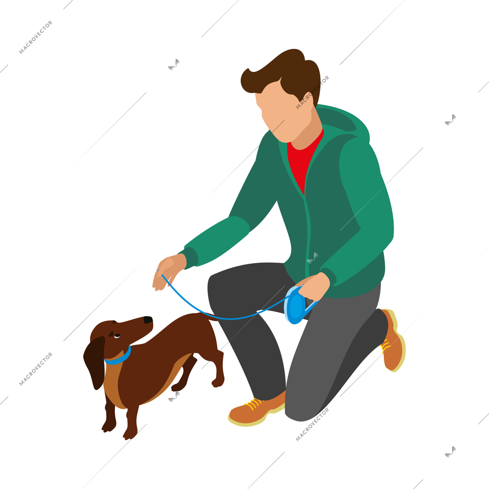 Man with his dachschund dog isometric icon vector illustration