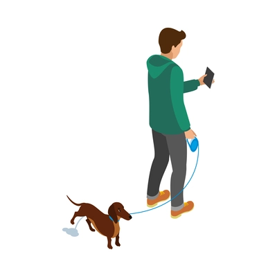 Man walking with his dachshund dog and using smartphone isometric icon vector illustration