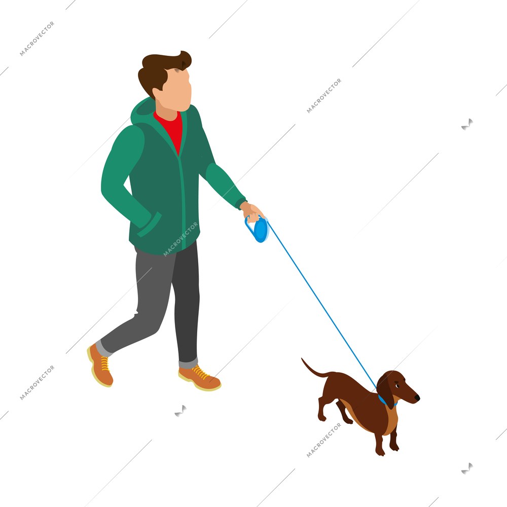 Man walking with his dachschund dog on leash isometric icon vector illustration