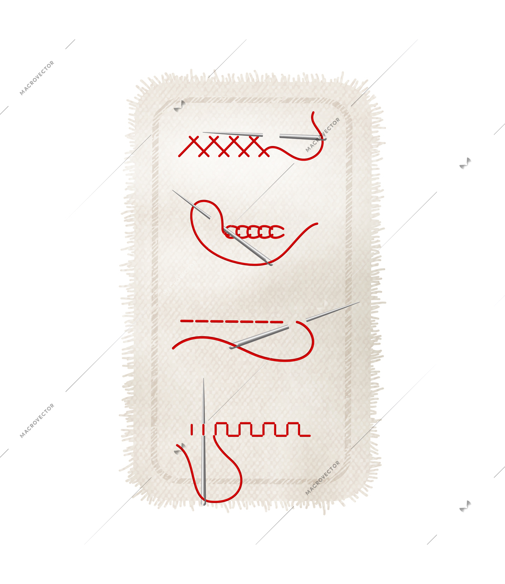 Different types of stitches on fabric with needles and red thread realistic vector illustration