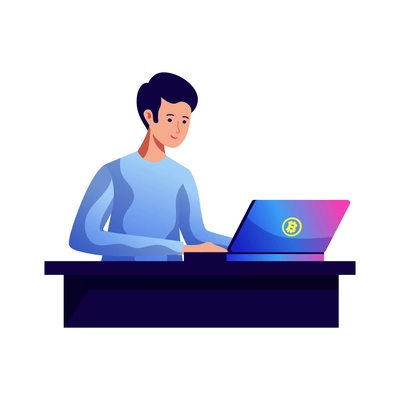 Cryptocurrency blockchain mining flat concept icon with man in front of laptop vector illustration