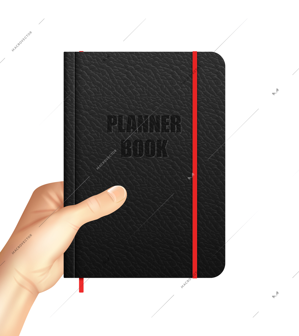 Human hand holding black leather planner book with red bookmark realistic vector illustration