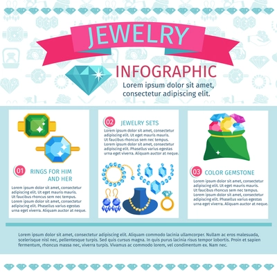 Precious jewels infographics with fashion jewelry gems and accessories set vector illustration