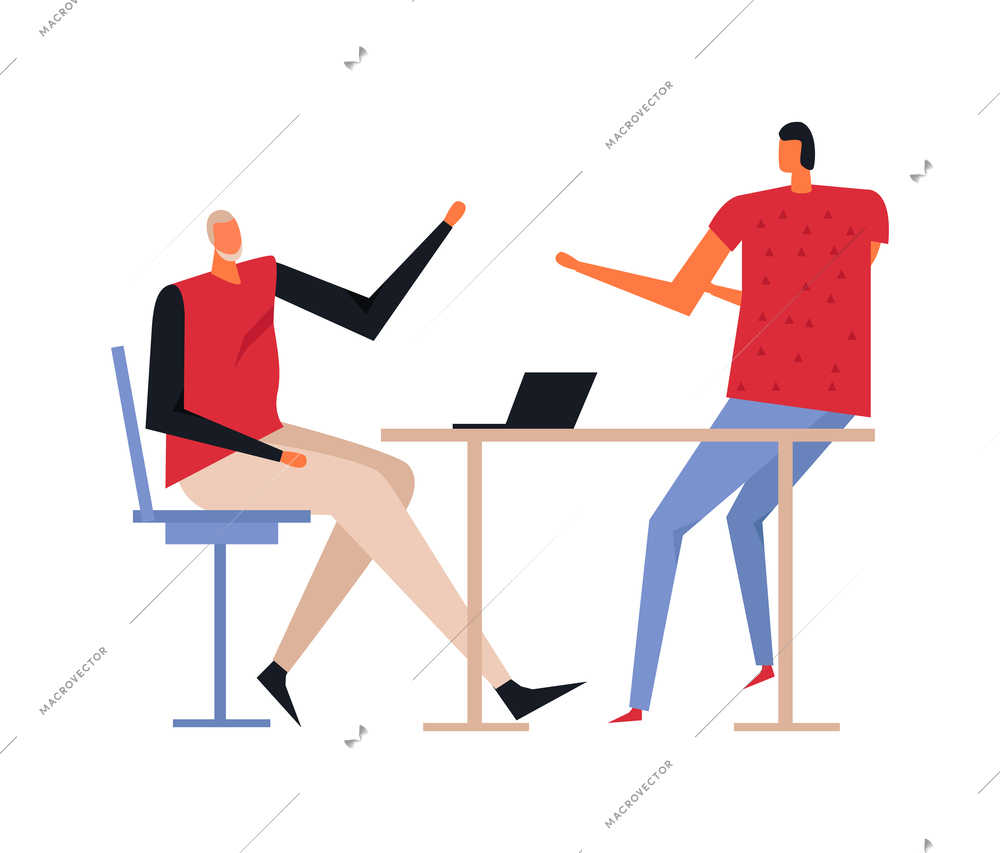 Coworking flat concept with people talking and working on laptop vector illustration