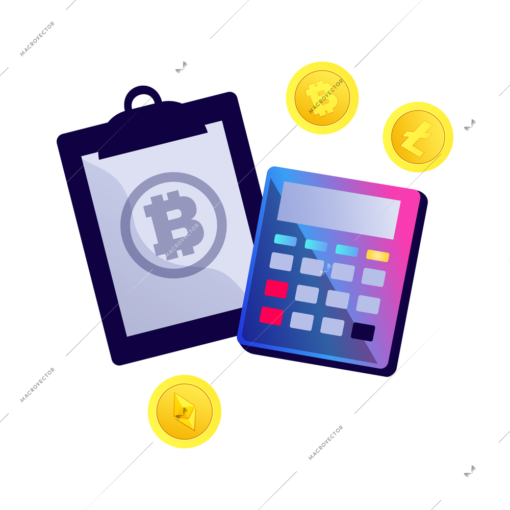 Cryptocurrency blockchain flat icon with digital coins and calculator vector illustration