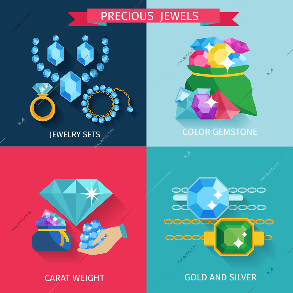 Precious jewels design concept set with gold and silver jewelry color gemstone flat icons isolated vector illustration