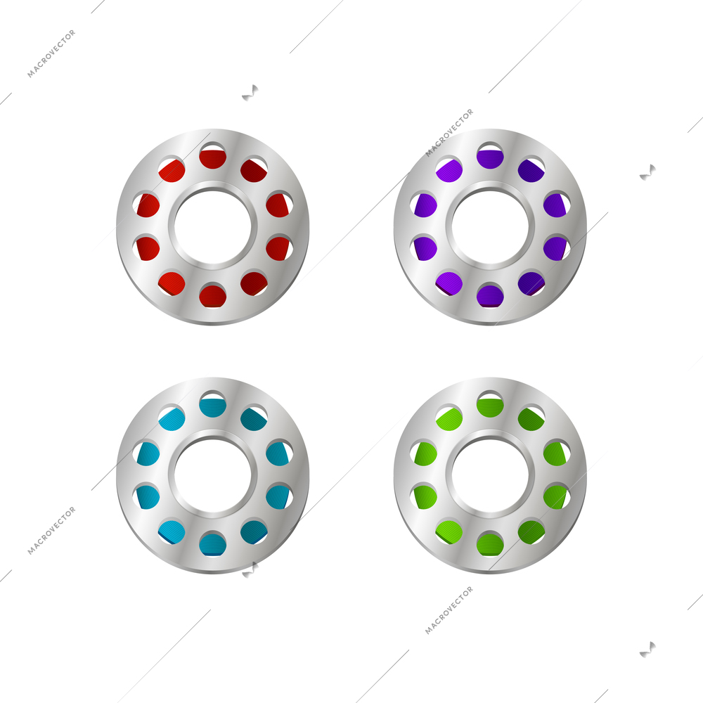 Metal sewing machine bobbins with colorful threads realistic isolated vector illustration