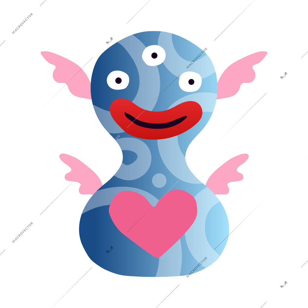 Flat colorful cute funny monster with wings heart and three eyes vector illustration