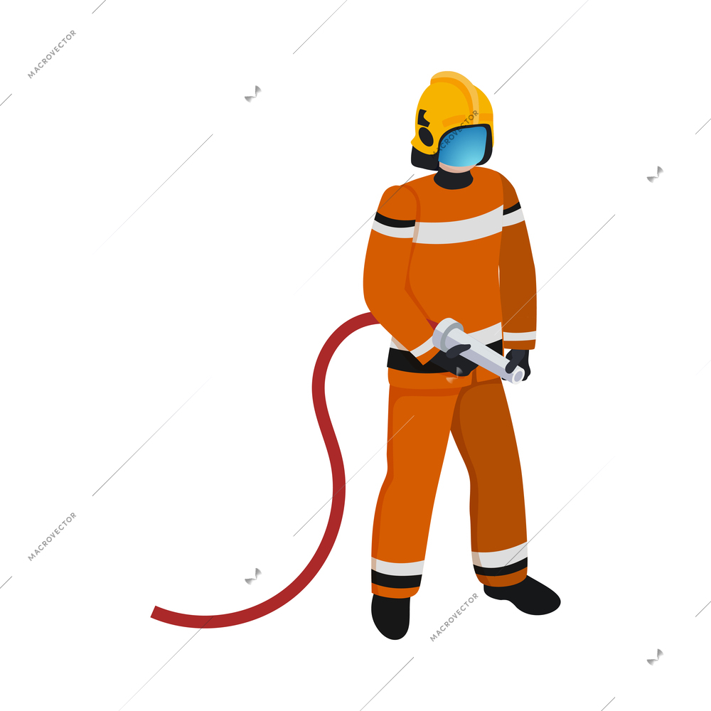 Firefighter with water hose isometric icon vector illustration