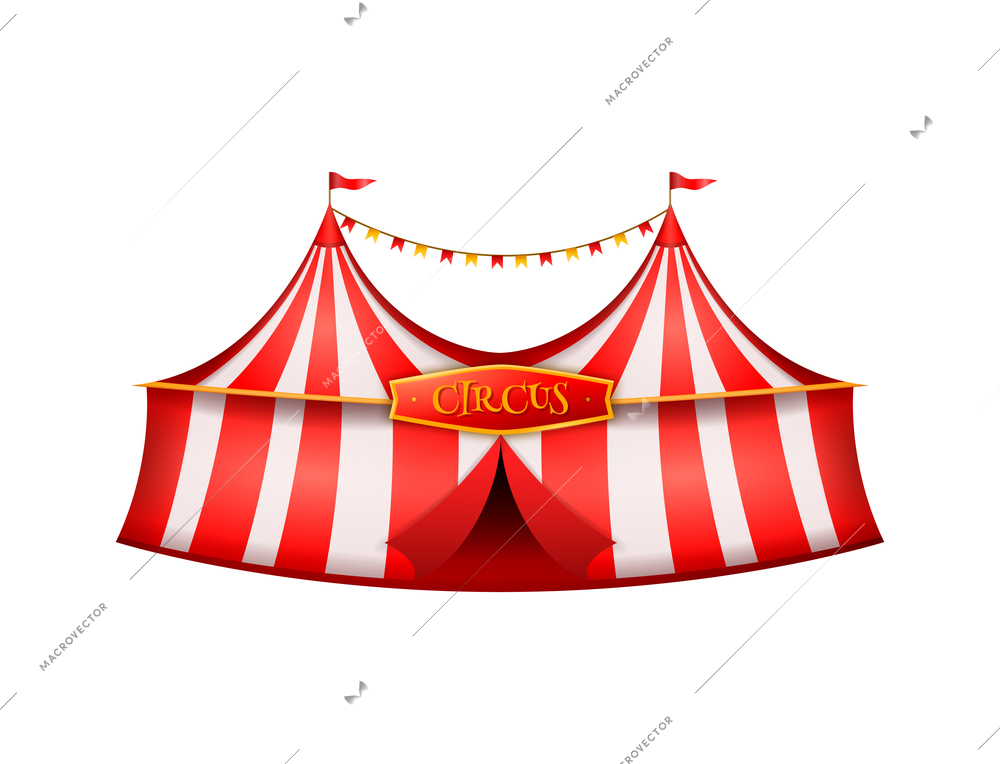 Realistic striped circus tent with colorful flags vector illustration