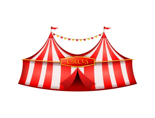 Realistic striped circus tent with colorful flags vector illustration