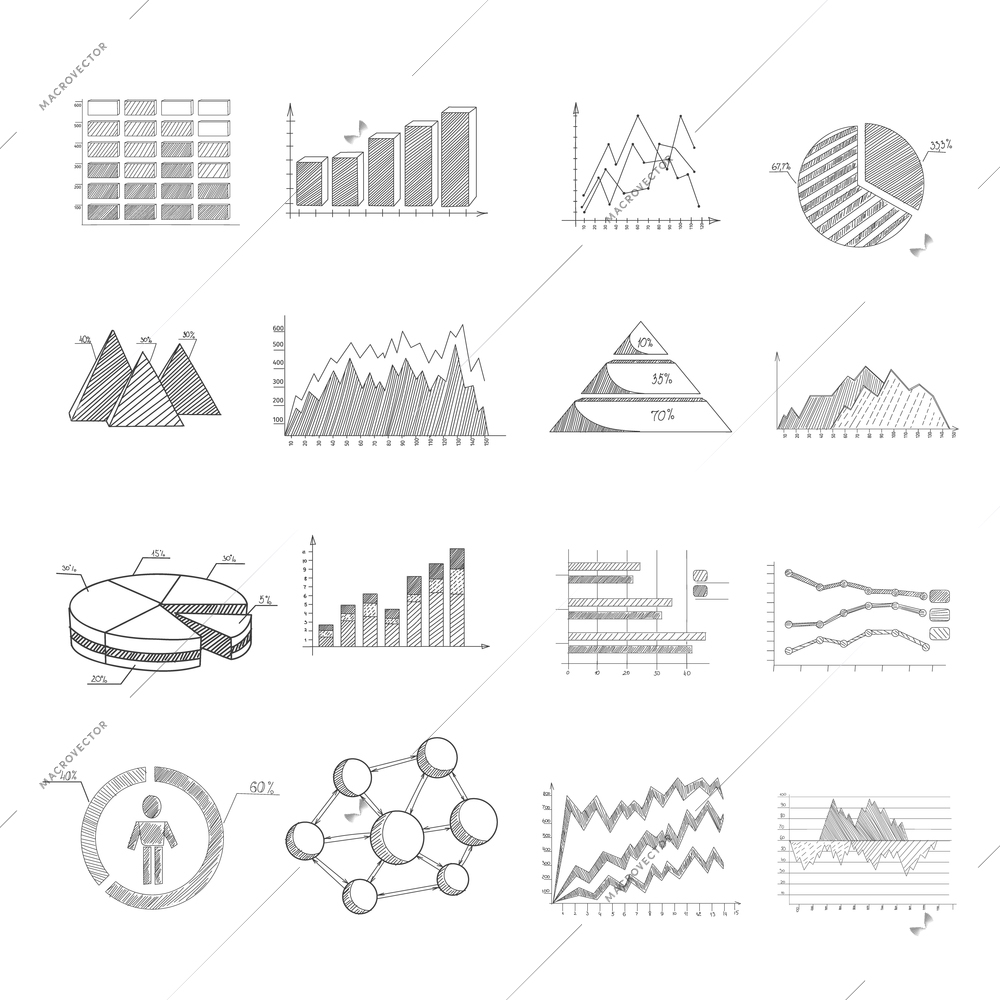 Sketch diagrams charts and infographic elements set isolated vector illustration