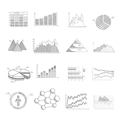 Sketch diagrams charts and infographic elements set isolated vector illustration