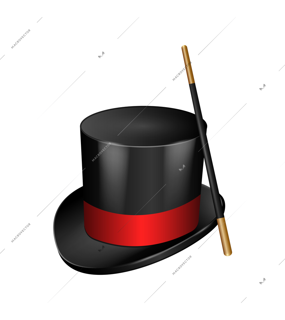 Realistic black magician hat and wand vector illustration