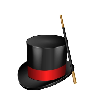 Realistic black magician hat and wand vector illustration