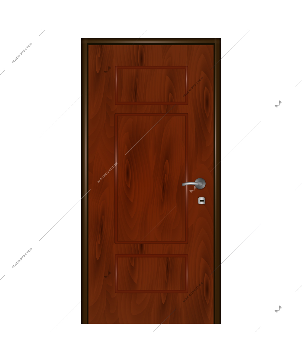 Modern wooden door with metal handle realistic vector illustration