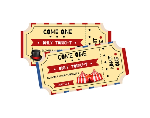 Two realistic circus tickets on white background vector illustration