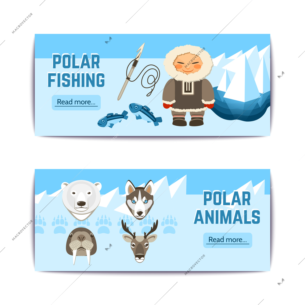 Chukchi horizontal banners set with polar fishing and aminals elements isolated vector illustration