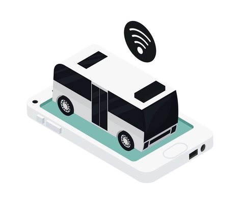 Driveless bus controlled by satellite navigation autonomous vehicle isometric icon vector illustration