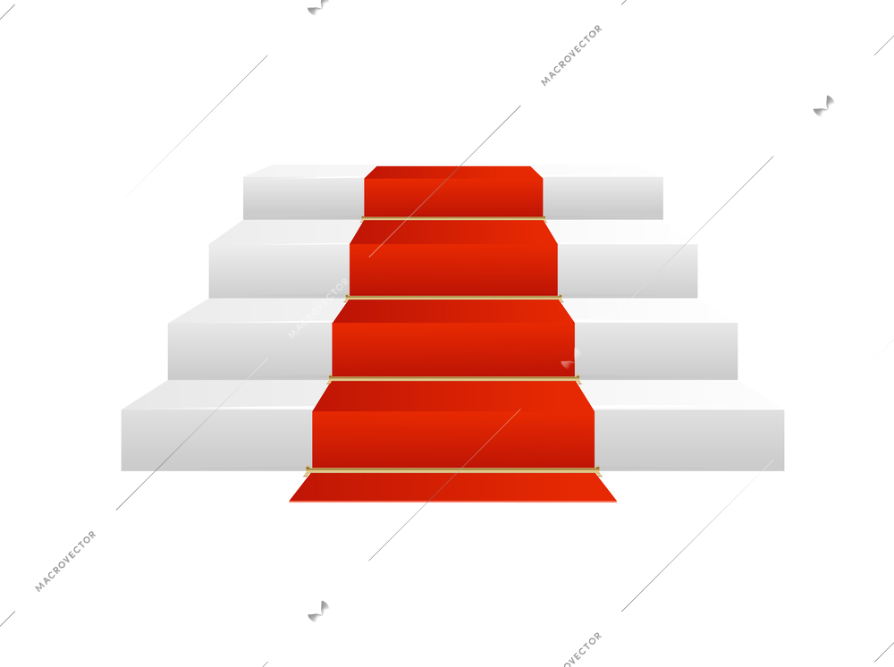 Realistic white stairs with red carpet front view vector illustration