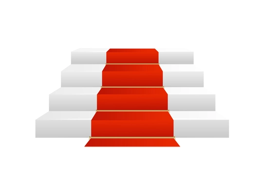 Realistic white stairs with red carpet front view vector illustration