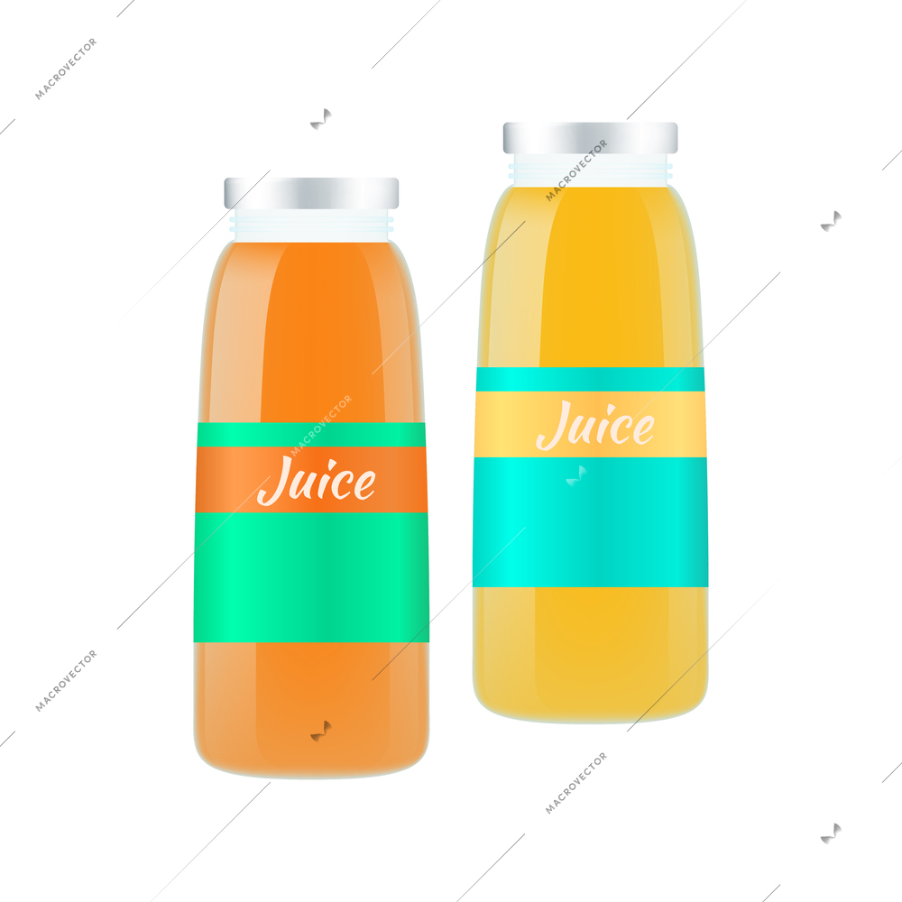 Baby food realistic icon with two glass bottles of juice vector illustration