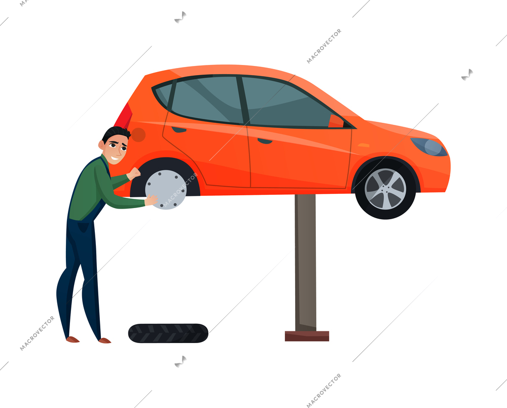 Car service worker changing wheel flat vector illustration