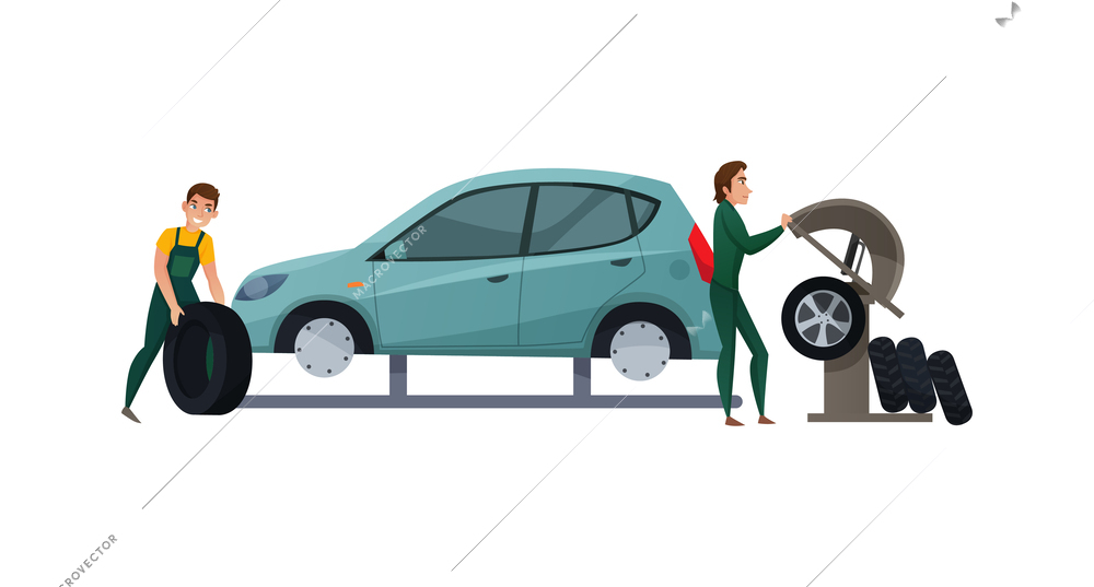 Mechanics changing wheels at car service center flat vector illustration