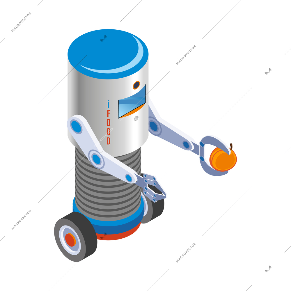 Isometric robotic restaurant industry icon with robot holding fresh peach vector illustration