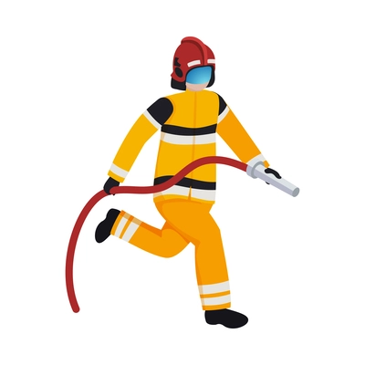 Firefighter in uniform running with water hose isometric icon vector illustration