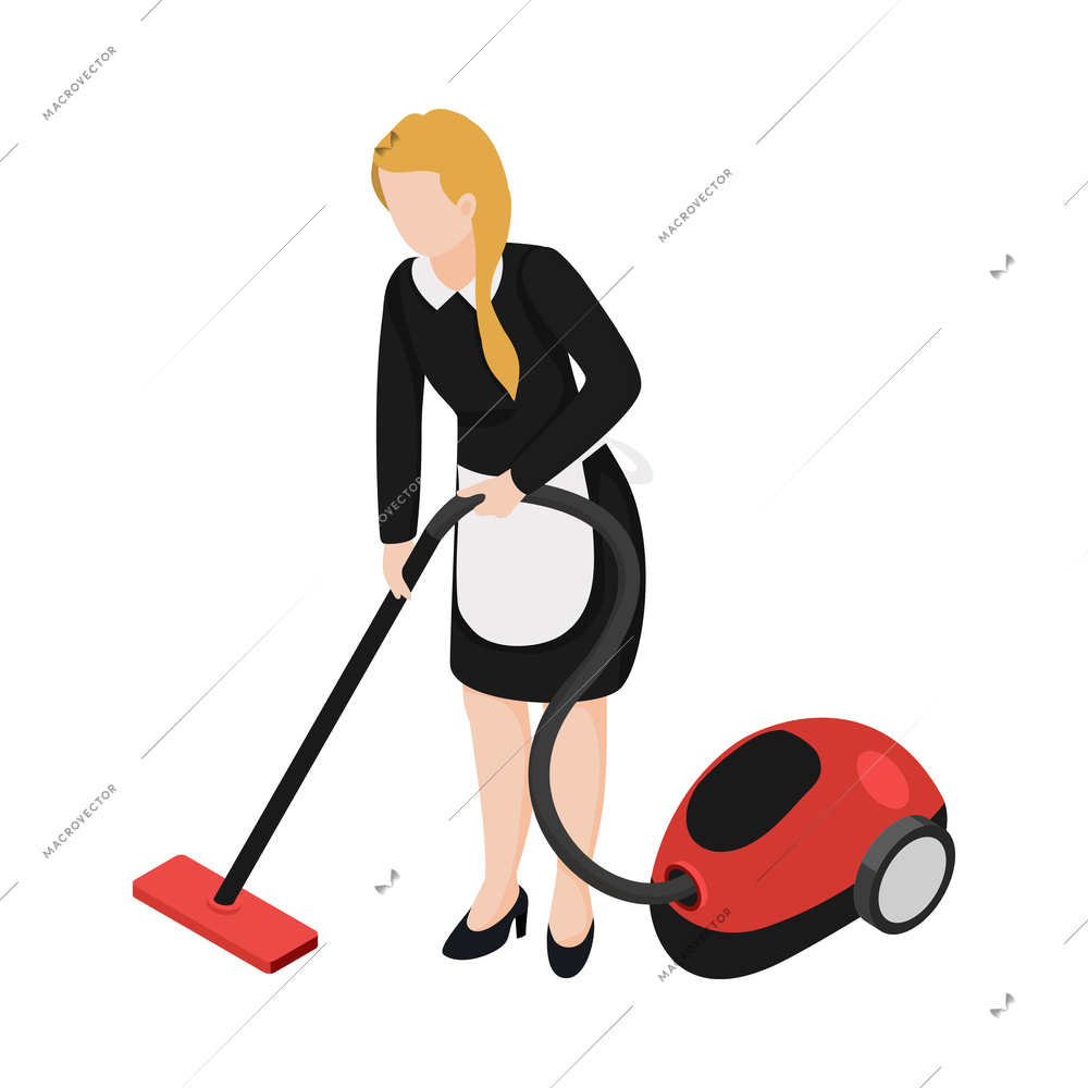 Housemaid in uniform vacuuming floor isometric icon vector illustration