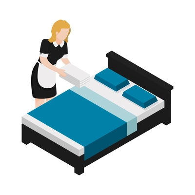 Housemain in uniform making bed isometric icon vector illustration