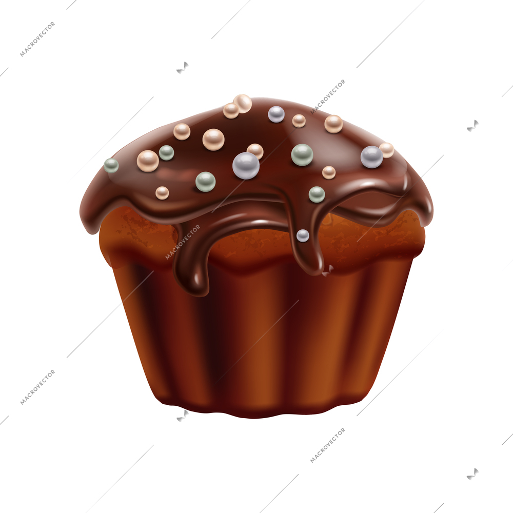 Realistic chocolate muffin with topping and sprinkles vector illustration